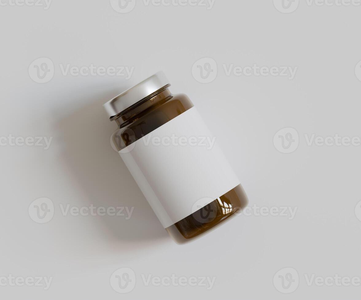 Amber Pills brown Bottle 3d Rendering white label on white background photo