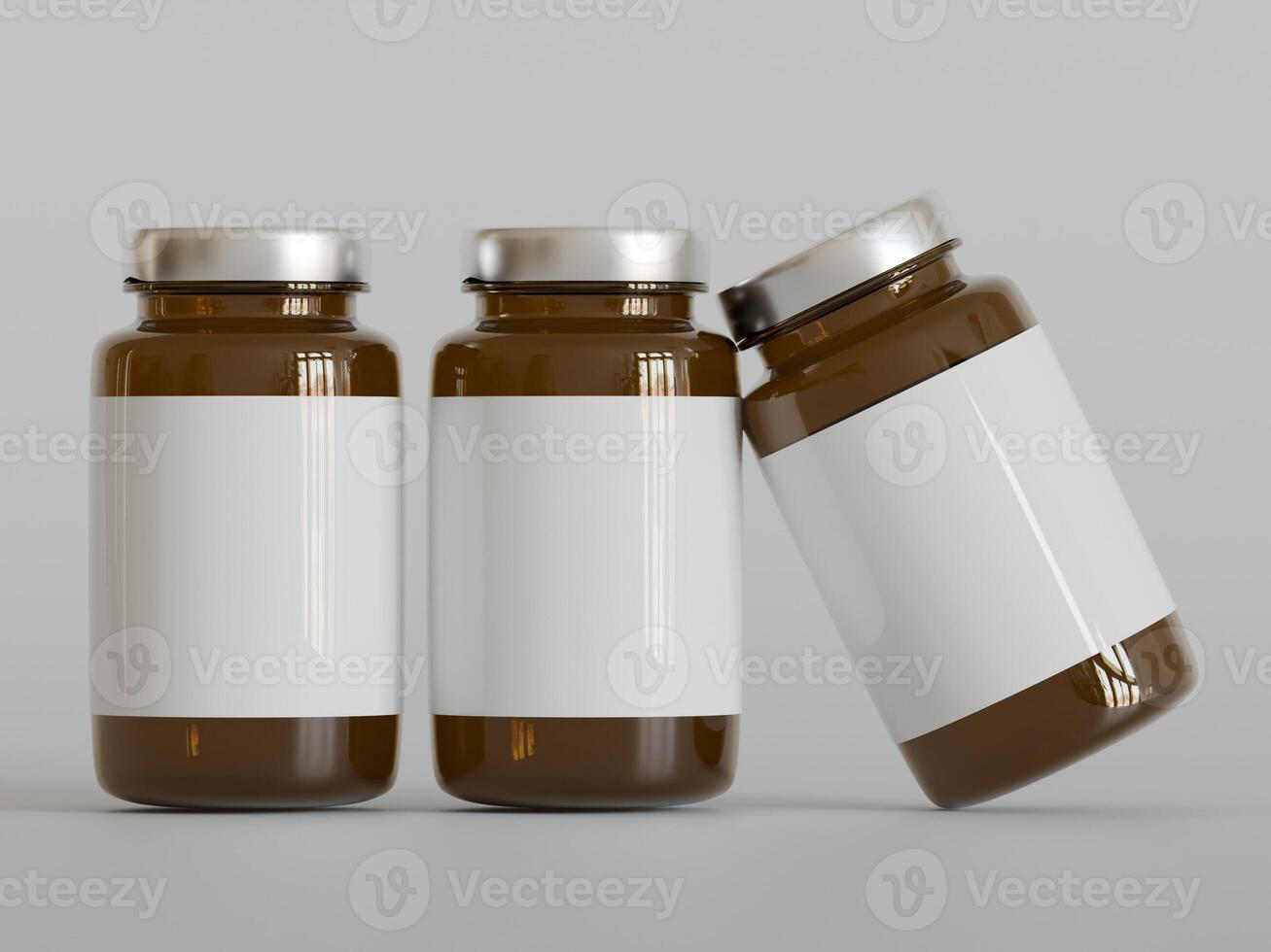 Amber Pills brown Bottle 3d Rendering white label on white background photo