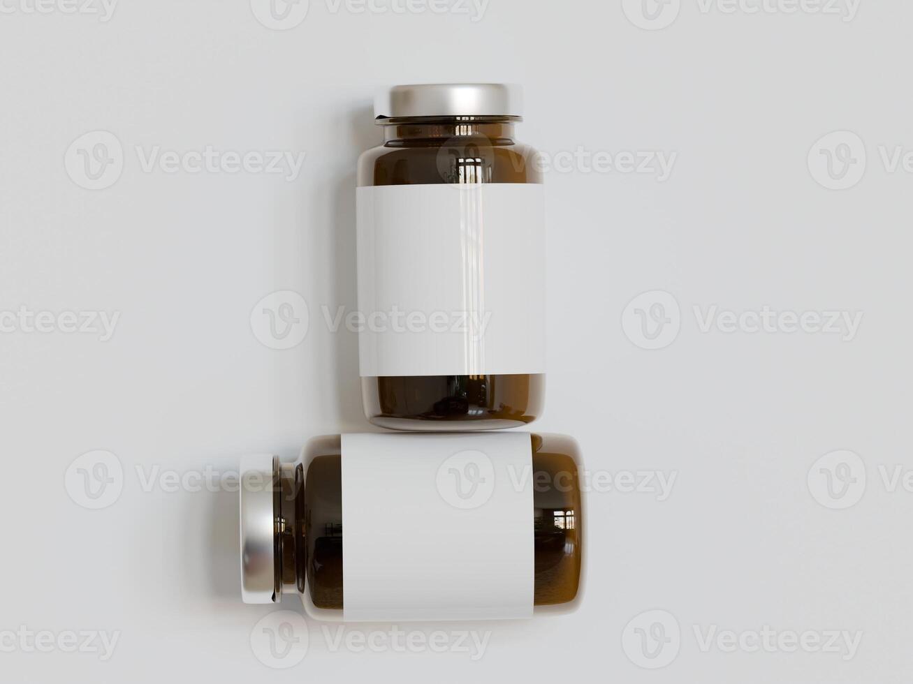 Amber Pills brown Bottle 3d Rendering white label on white background photo