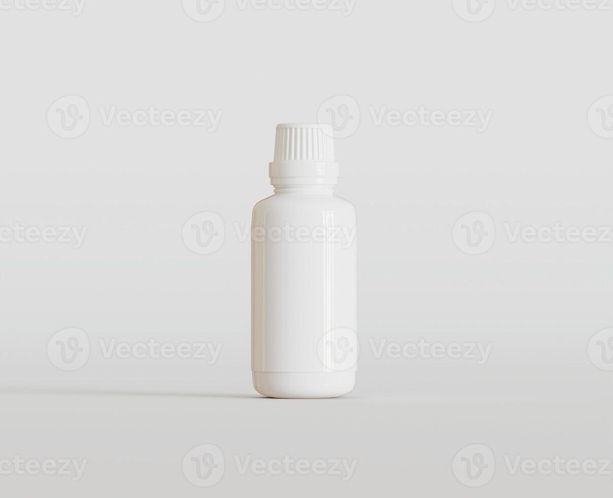 blanco blanco botella para medicina o belleza producto en blanco fondo, Copiar espacio. vacío espacio. minimalismo 3d representación foto