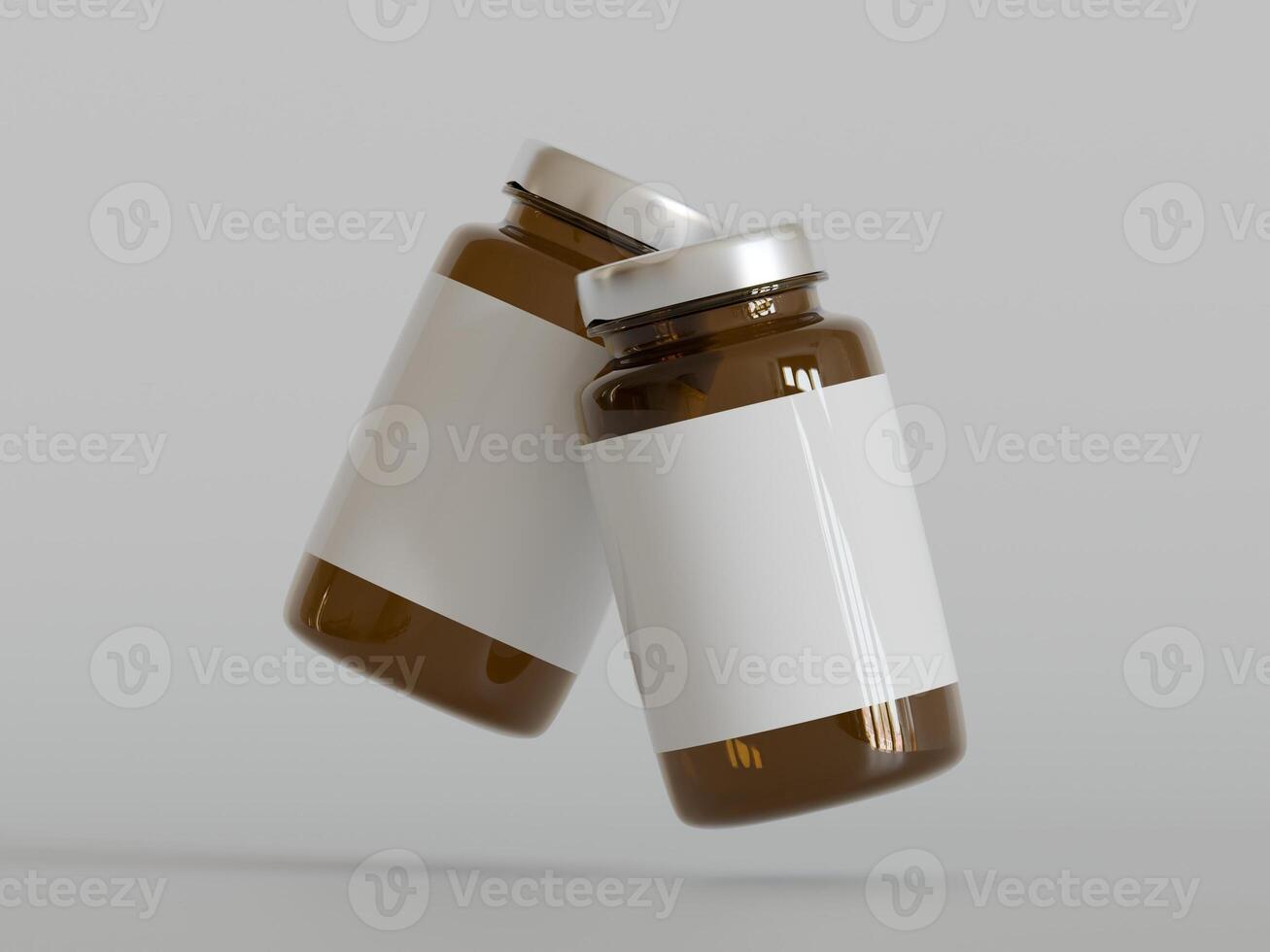 Amber Pills brown Bottle 3d Rendering white label on white background photo