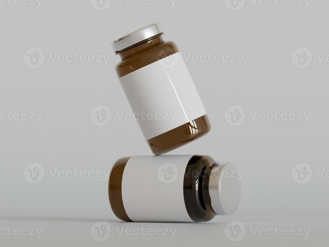 Amber Pills brown Bottle 3d Rendering white label on white background photo