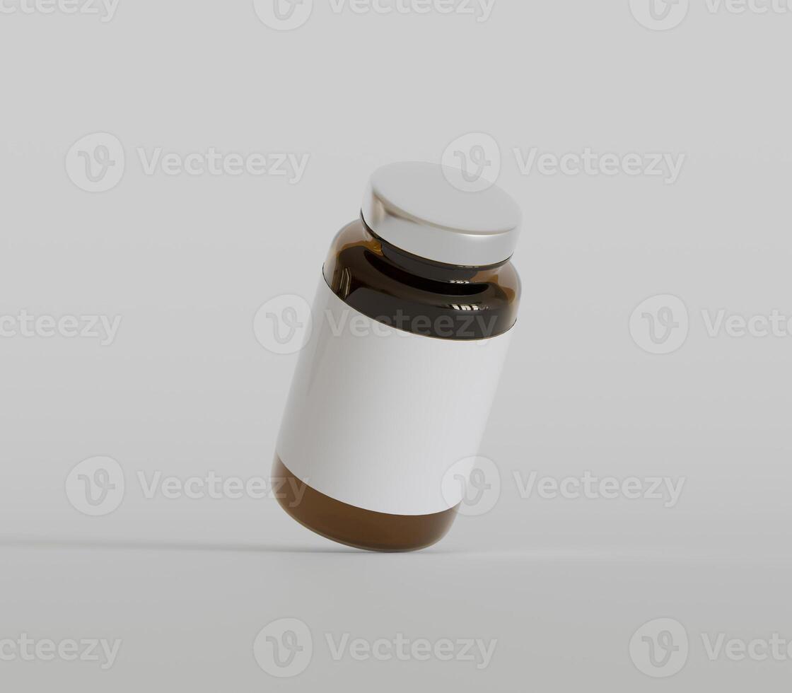 Amber Pills brown Bottle 3d Rendering white label on white background photo