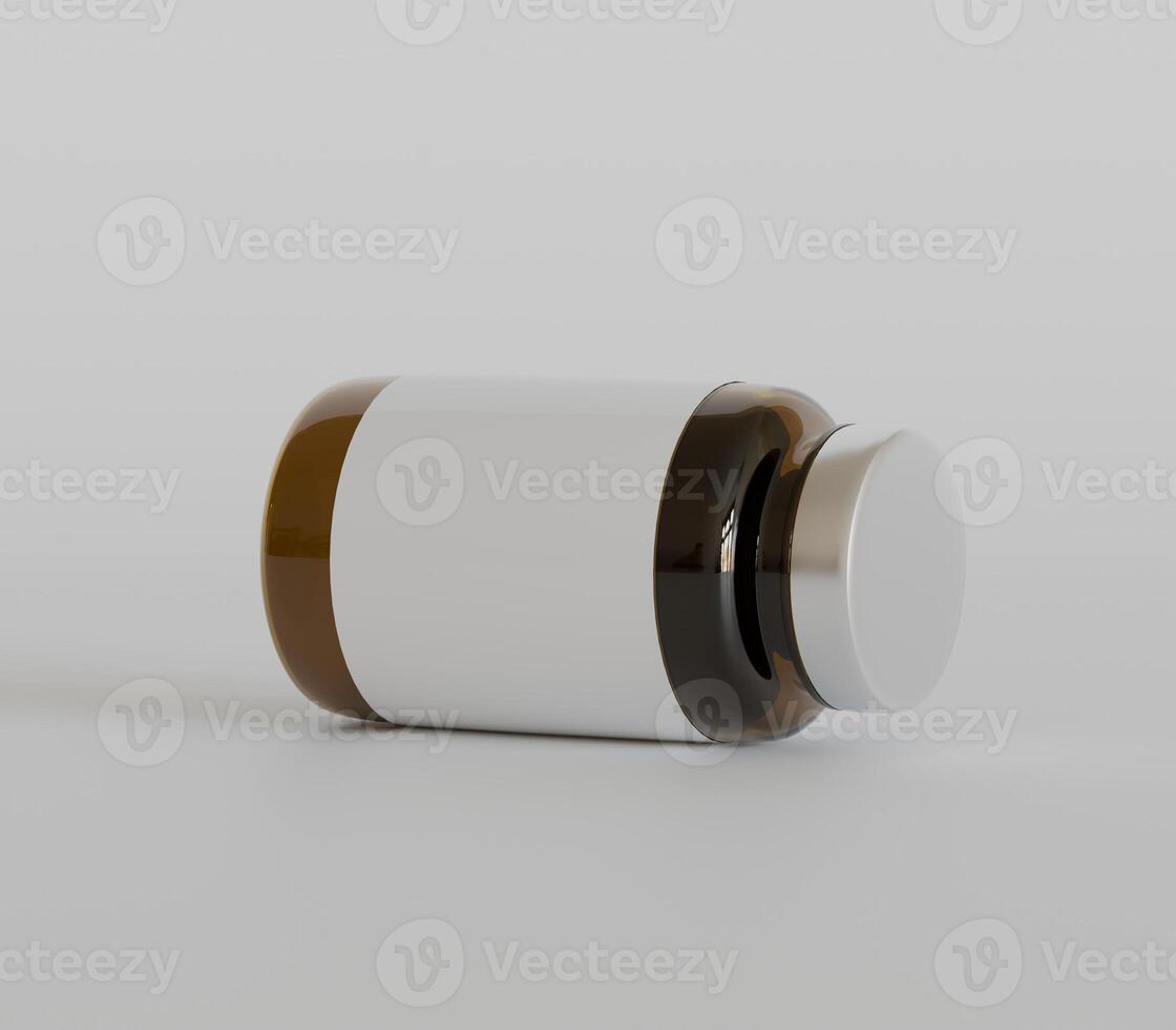 Amber Pills brown Bottle 3d Rendering white label on white background photo