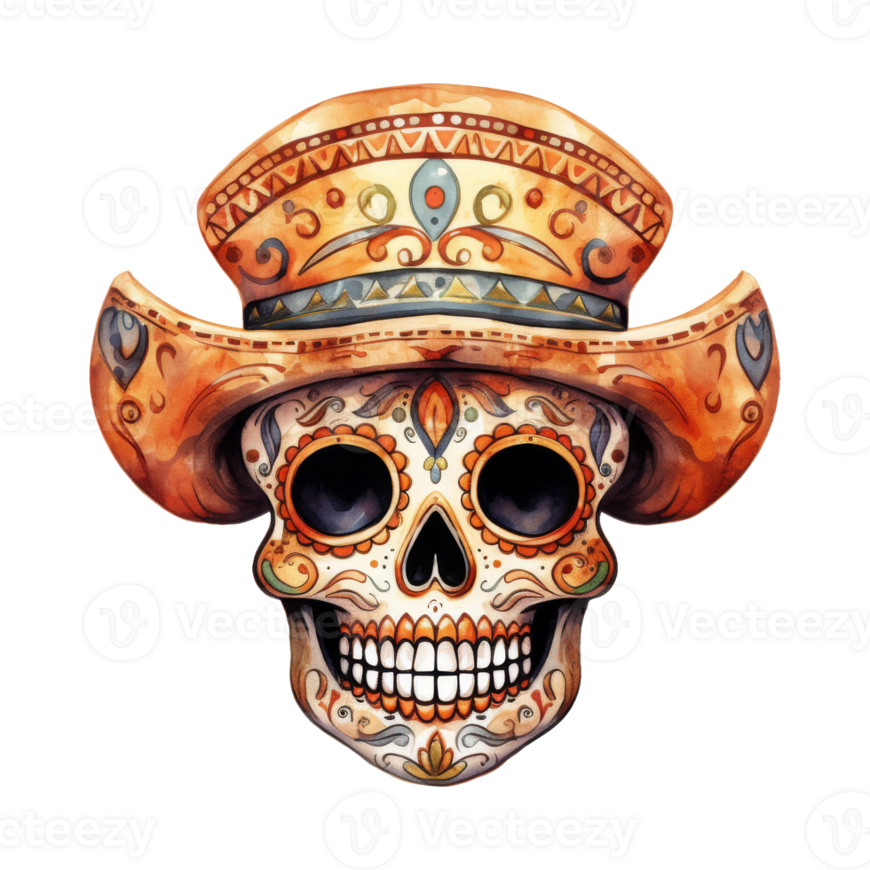 Festive Sugar Skulls Adorned with Colorful Hats png