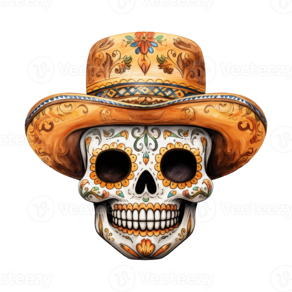 Festive Sugar Skulls Adorned with Colorful Hats png