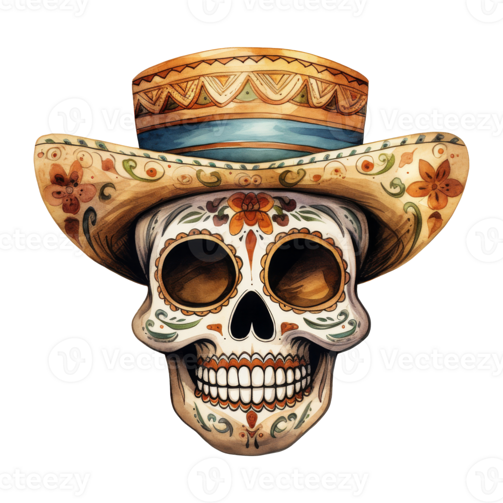Festive Sugar Skulls Adorned with Colorful Hats png