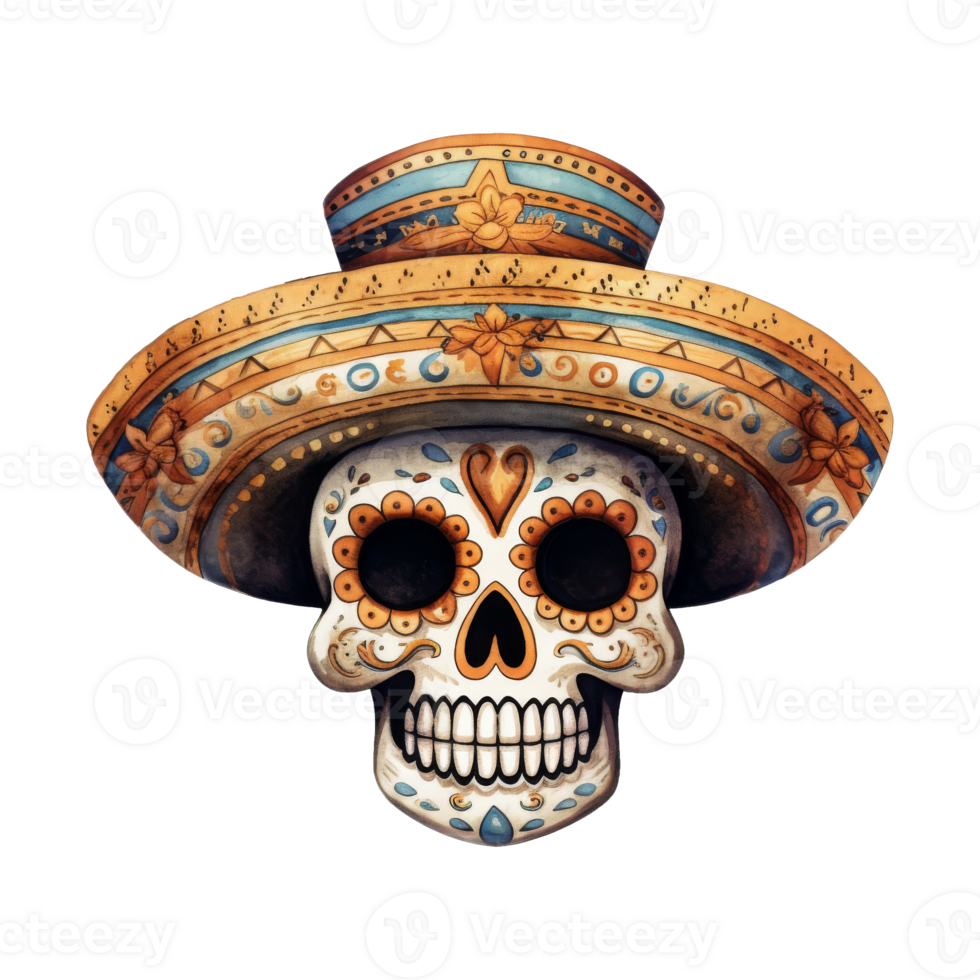 Festive Sugar Skulls Adorned with Colorful Hats png