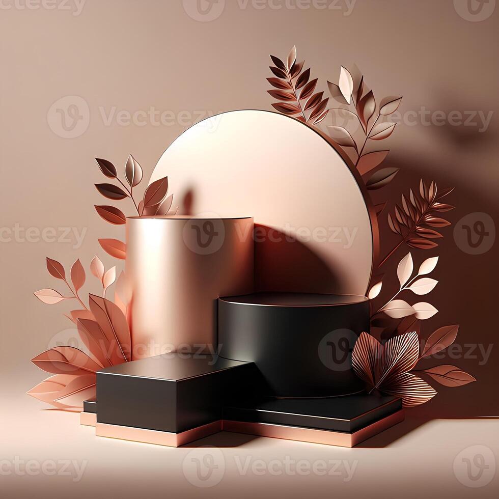 3D Elegant podium design with black and rose gold theme photo