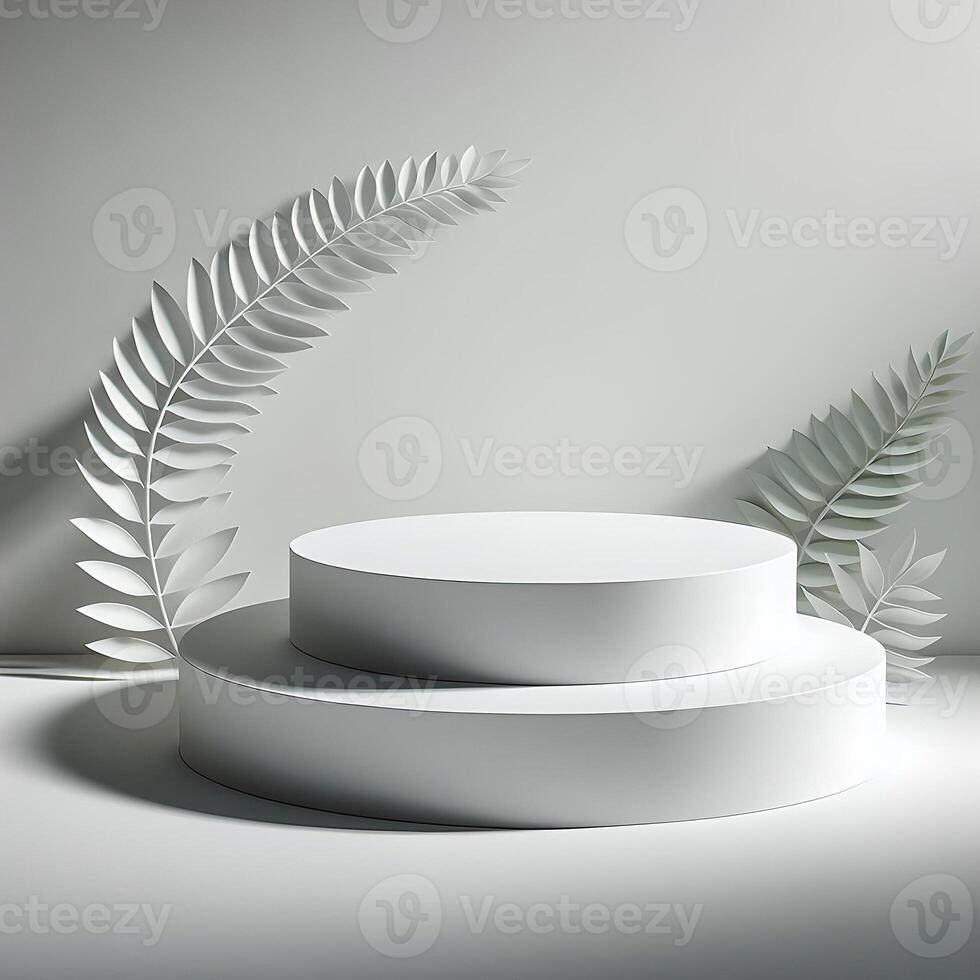A simple 3D podium with a white theme and leaf decoration photo