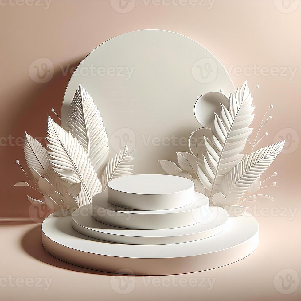 A simple 3D podium with a white theme and leaf decoration photo