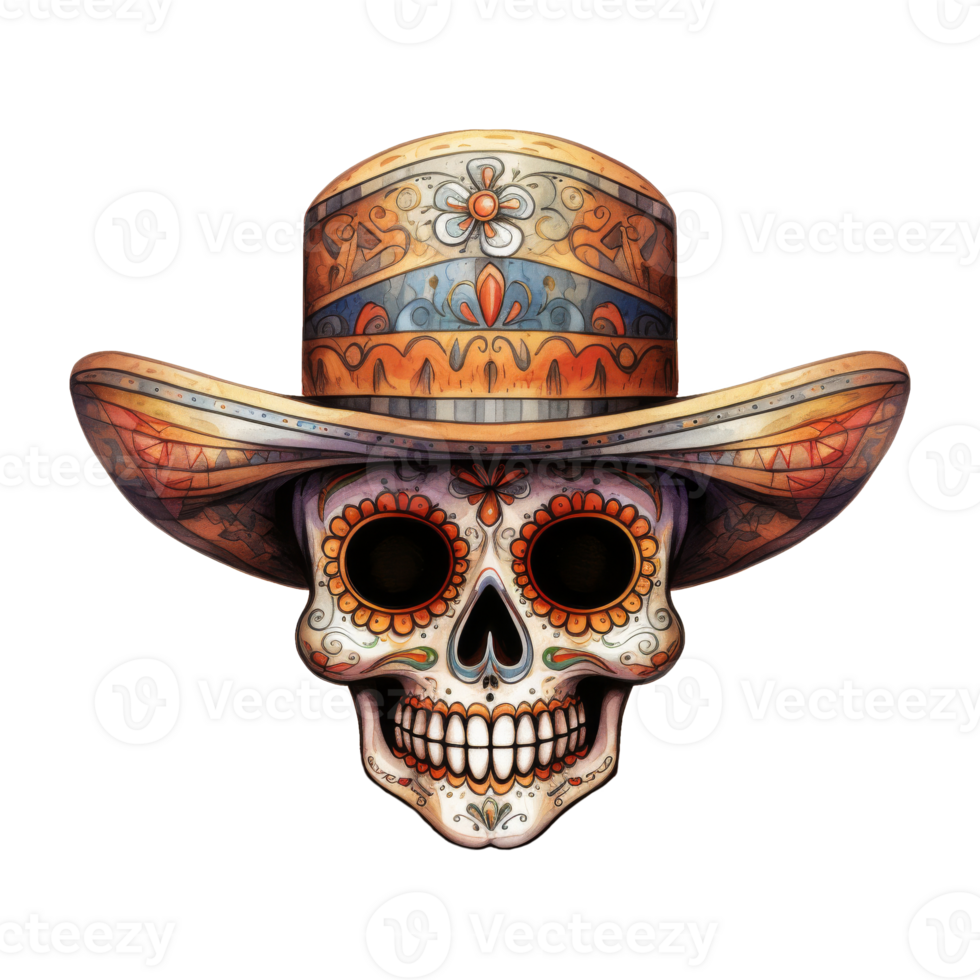 Festive Sugar Skulls Adorned with Colorful Hats png