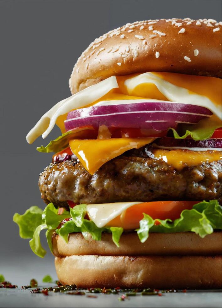 a hamburger with a red onion and a green lettuce leaf. photo