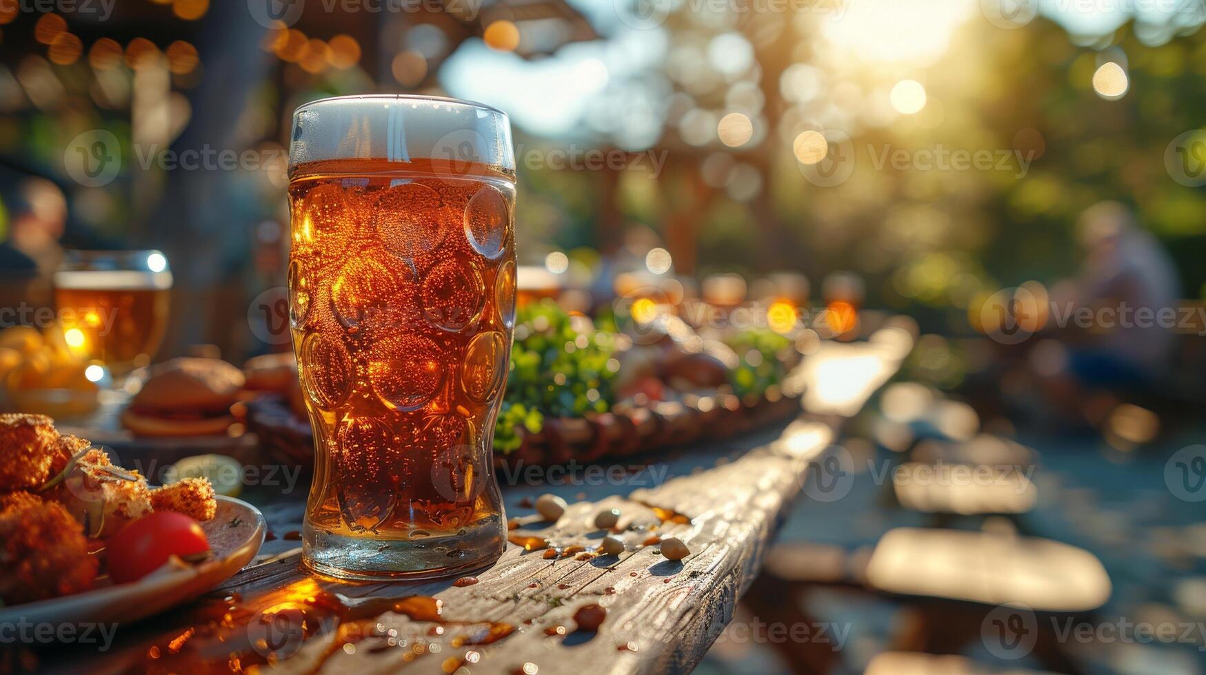 jarra de cerveza y meriendas en un de madera mesa en el jardín foto