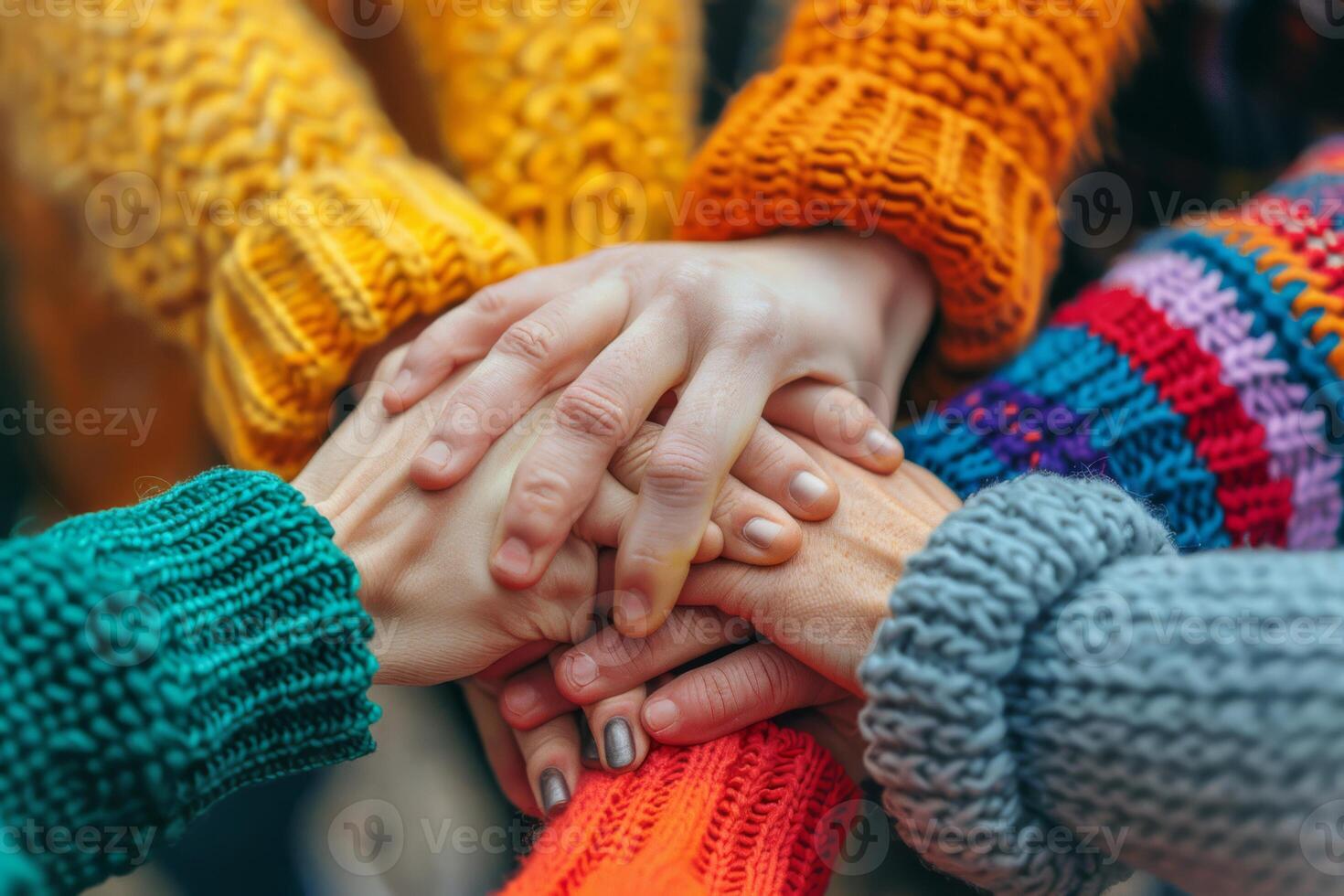 Hands holding each other to represent connection and support, A group of people are holding hands in a circle photo