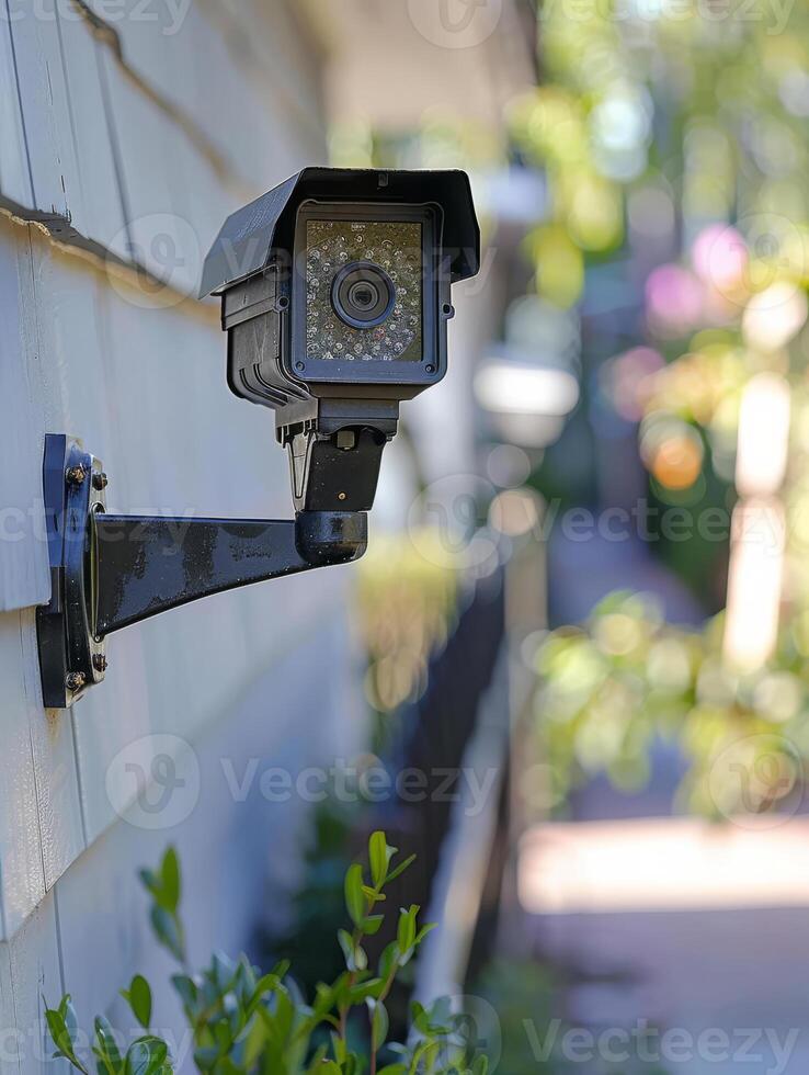 A black security camera is mounted on a wall photo