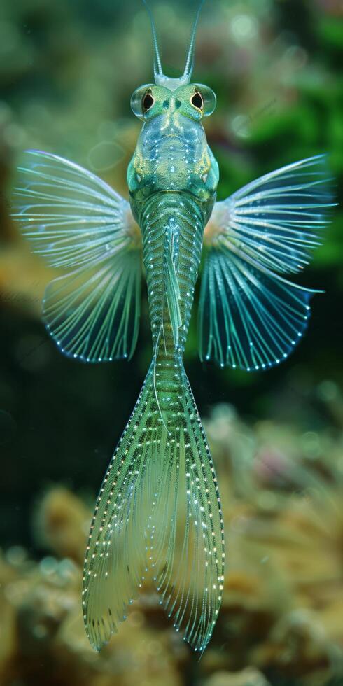 A fish with a long tail is swimming in the water photo