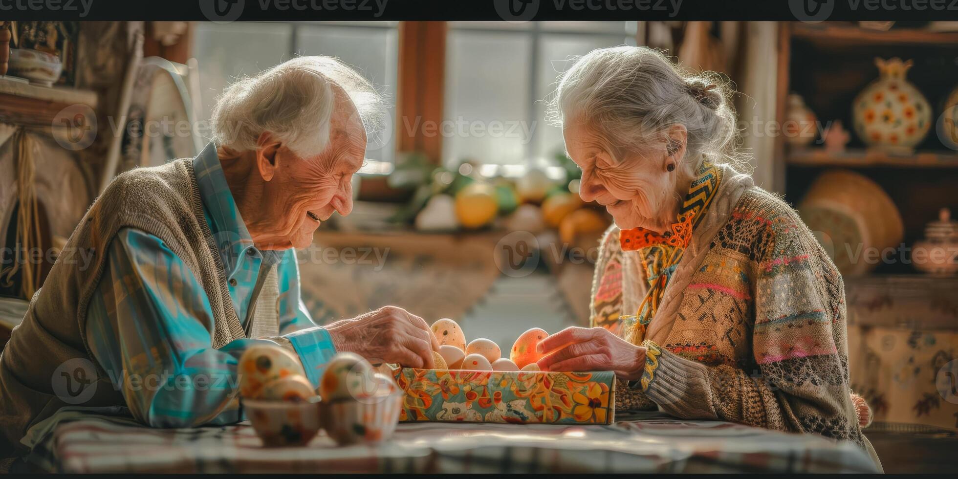 Two elderly people are sitting at a table with a box of eggs in front of them photo