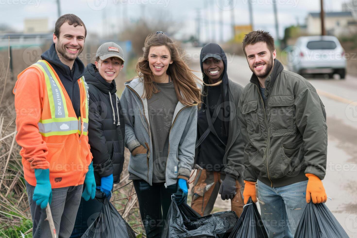 A group of people are standing on the side of the road, holding trash bags photo