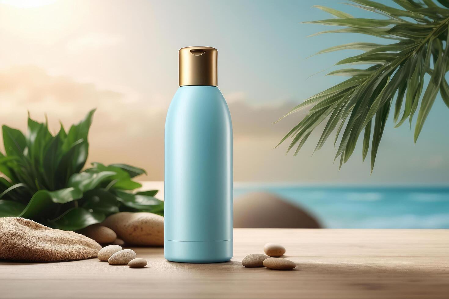 Light Blue Skincare Bottle with Gold Cap - Luxury Beach-Ready Sunscreen or Lotion Mockup for Tropical Wellness Branding photo