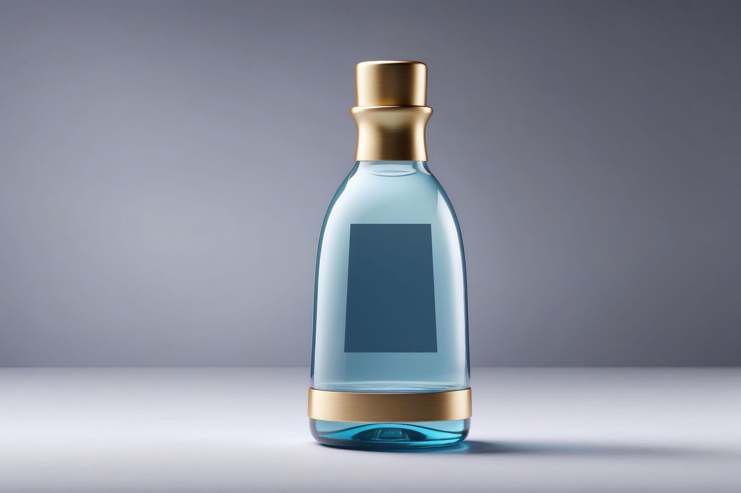 Sophisticated Transparent Blue Bottle with Golden Accents - Premium Cosmetic or Fragrance Packaging Mockup for Luxurious Brand Identity photo
