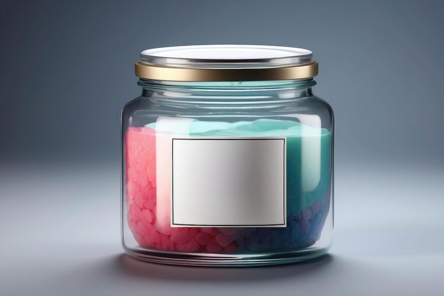 Multi-Layered Colored Bath Salts in Glass Jar with Gold Lid - Luxurious Spa and Wellness Product Mockup for Branding and Relaxation Aids photo