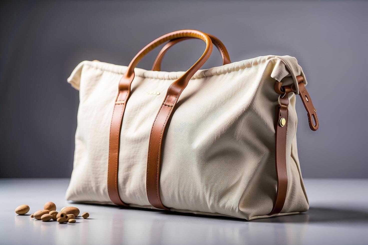 Chic Cream-Colored Duffel Bag with Brown Leather Accents - Stylish Travel Essential for Weekend Getaways and Gym Lifestyle photo
