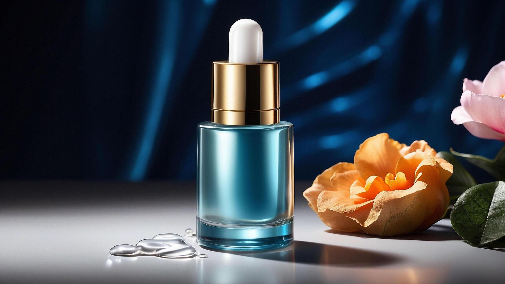 Opulent Aqua Glass Facial Serum with Golden Dropper Amidst Soft Floral Ambience photo