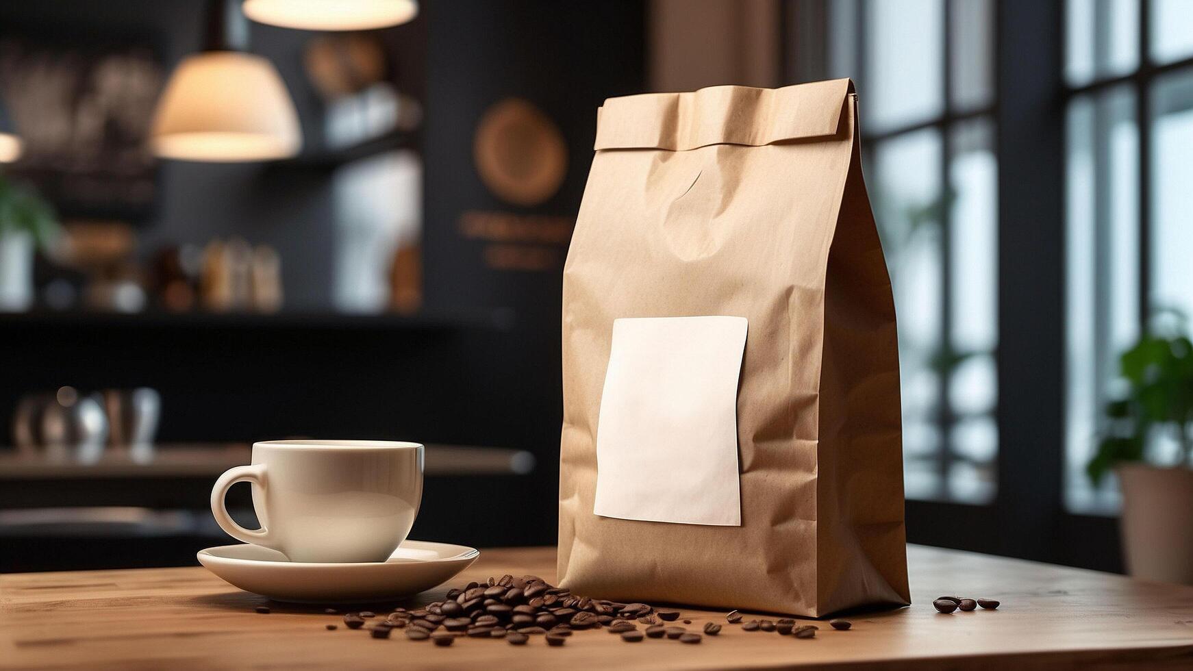 Artisan Roasted Coffee Beans in Eco-Friendly Paper Packaging with Freshly Brewed Cup on Wooden Table photo