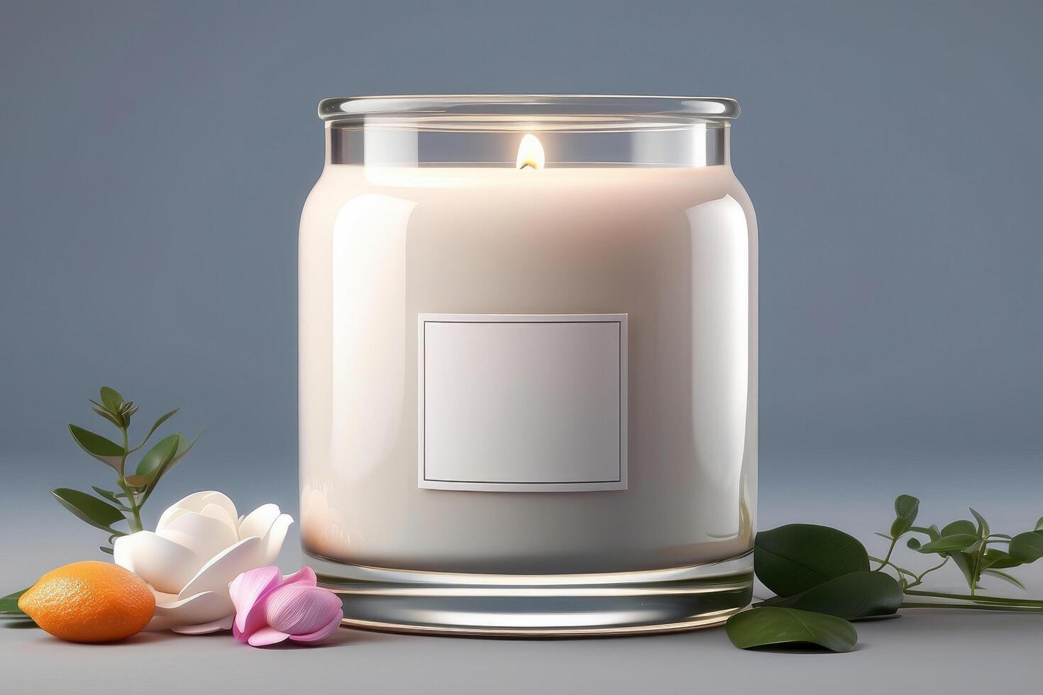 Elegant Scented Candle in Glass Jar with Silver Lid and Space for Branding Mockup photo