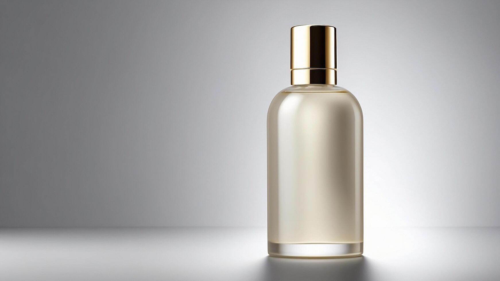 Elegant Frosted Glass Skincare Toner Bottle with Golden Cap on a Minimalistic Backdrop photo