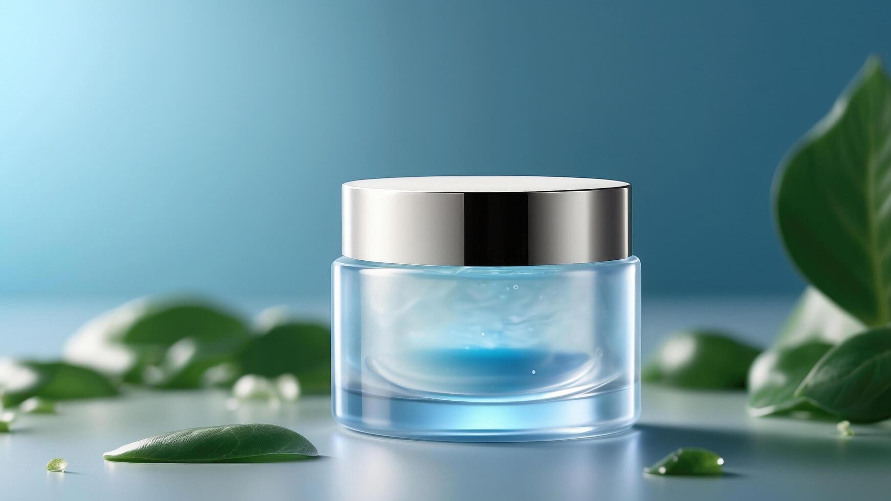 a jar of liquid cream with leaves on a blue background photo