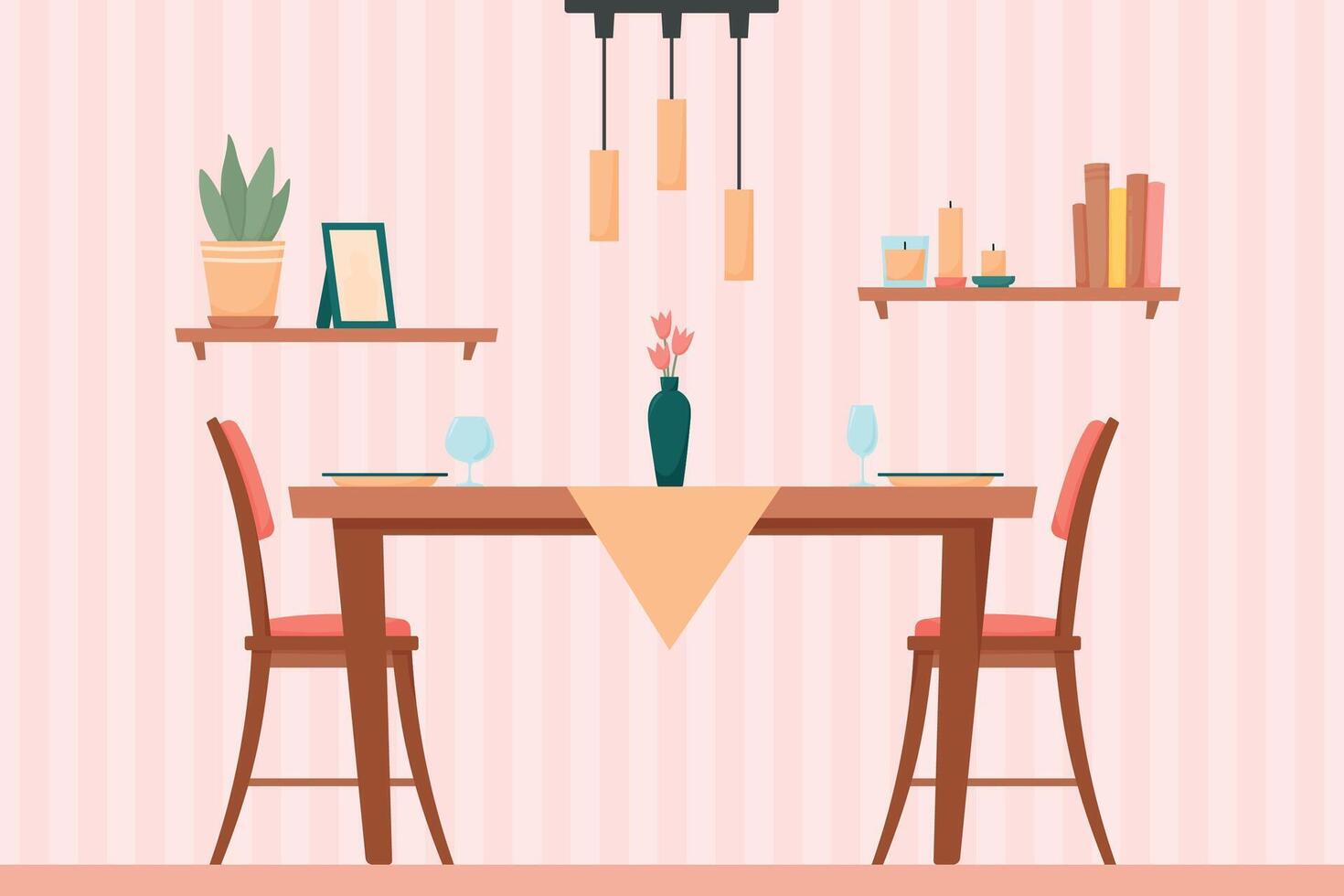 Modern dining room interior with set table, chairs, ceiling light, vase, shelves. Flat background template illustration vector