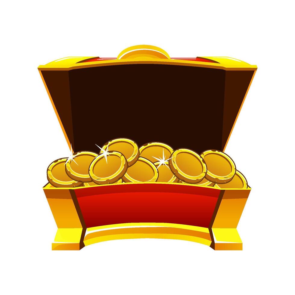 Open the Treasure chest with coins. Game achievement success gift, antique trunk, UI winner bonus reward. vector