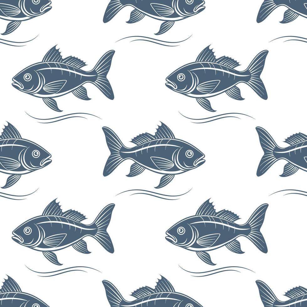 Seamless pattern, silhouettes of sea fish with waves on a white background. Print, textile vector