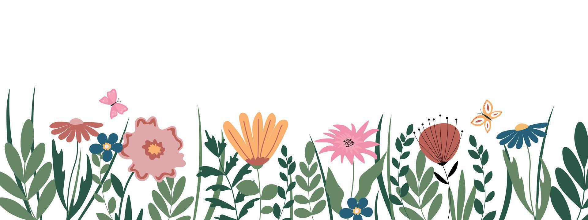Banner or background with blooming flowers and leaves. Spring and summer botanical border. vector
