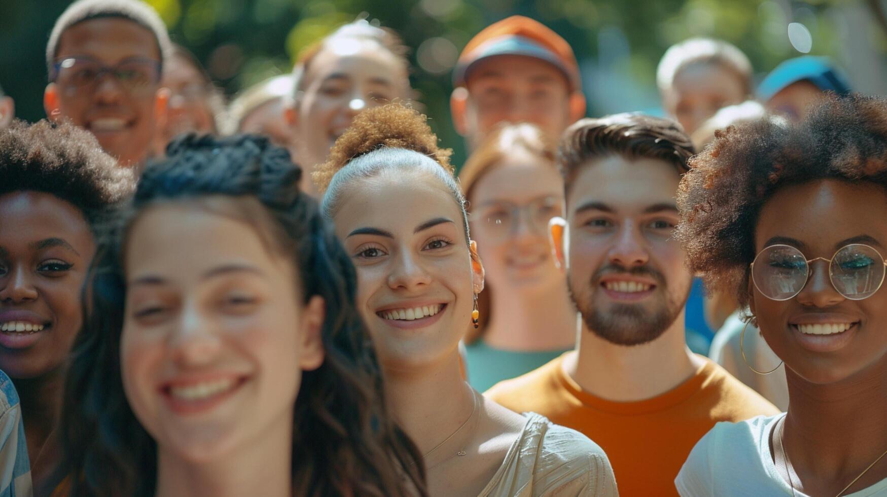 un diverso grupo de joven adultos sonriente mirando foto