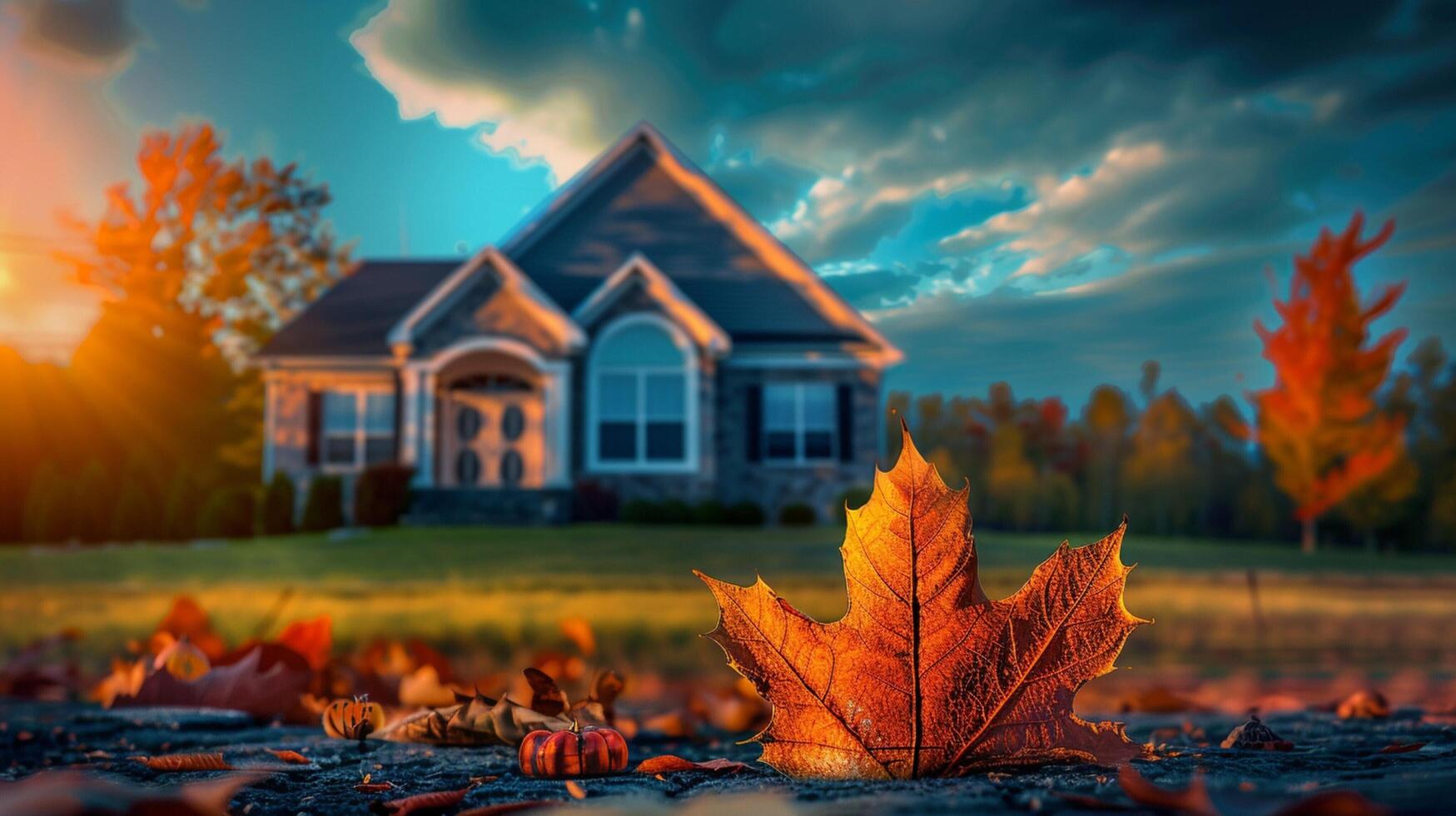 un casa con un hoja ese tiene el palabra otoño en eso foto