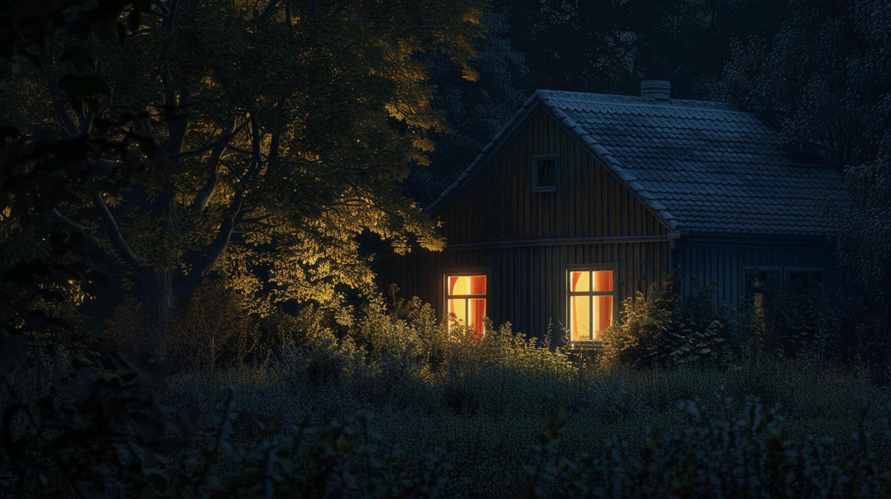 a house with a lit up window and a dark background photo