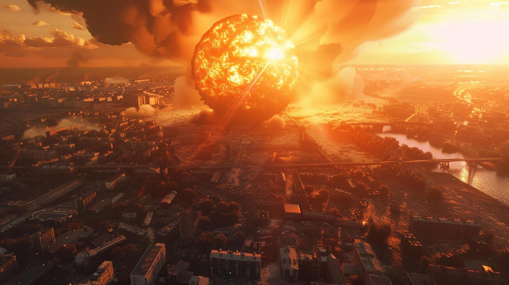 a modern nuclear bomb explosion over a small city photo