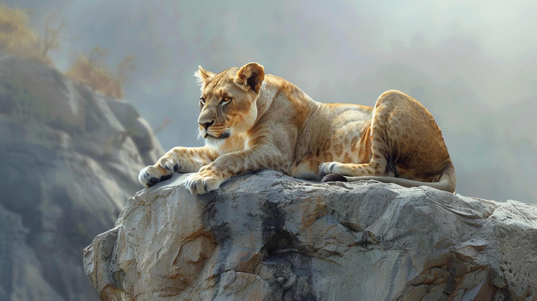 a painting of a lioness on a rock photo