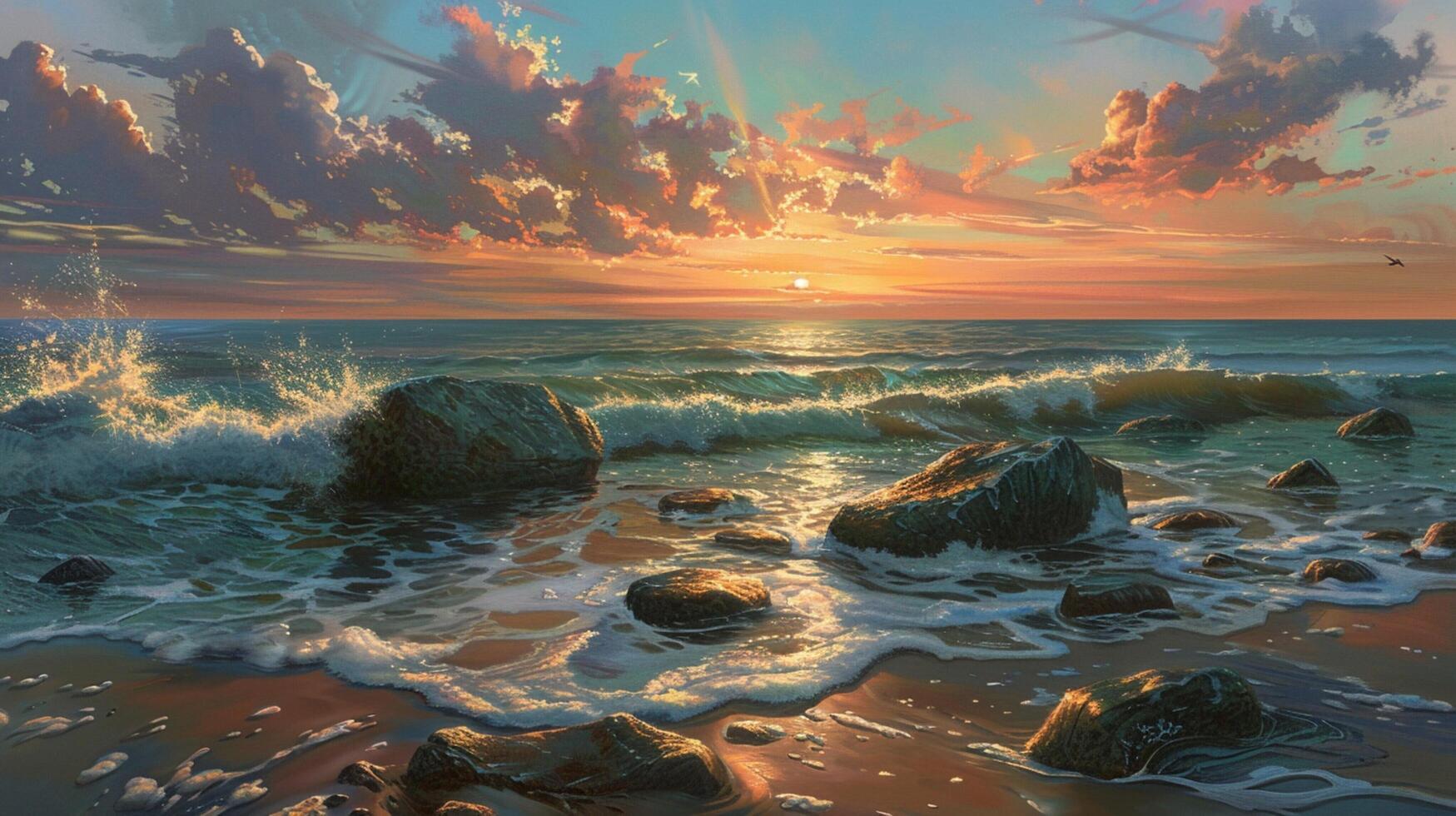 a painting of rocks in the ocean with the sun photo