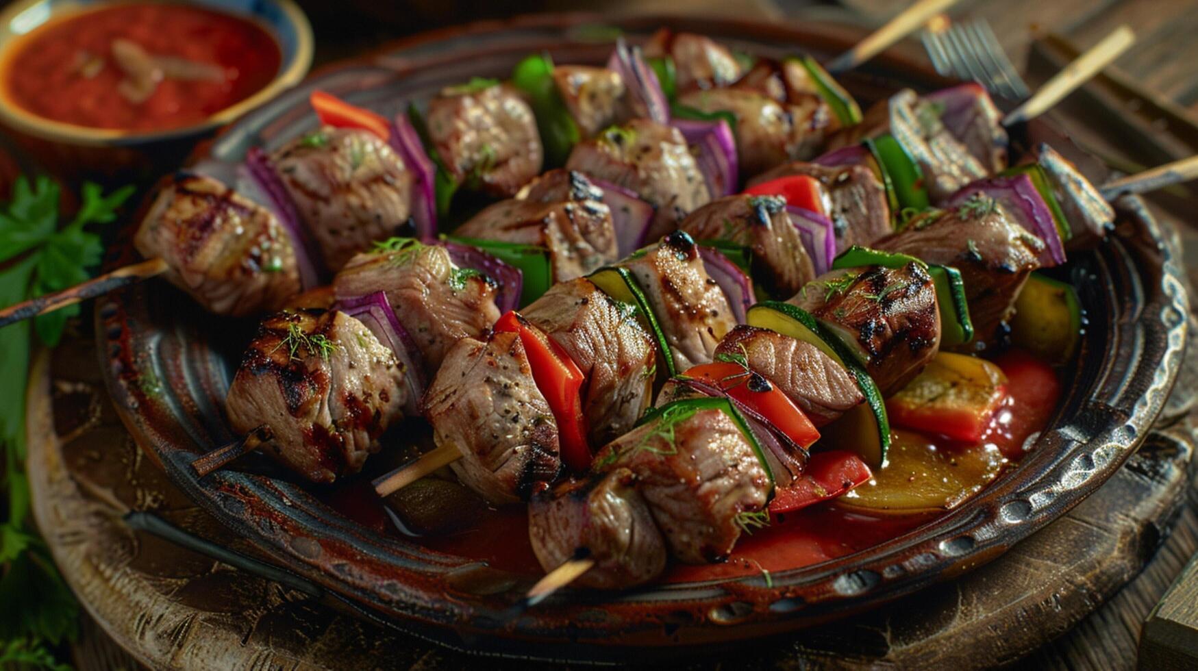 a plate of lamb kebabs with vegetables and a bow photo