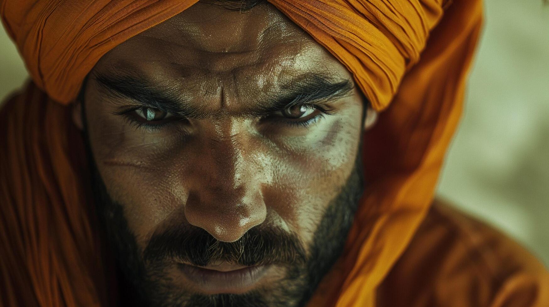 a serious man with a turban looking at camera photo