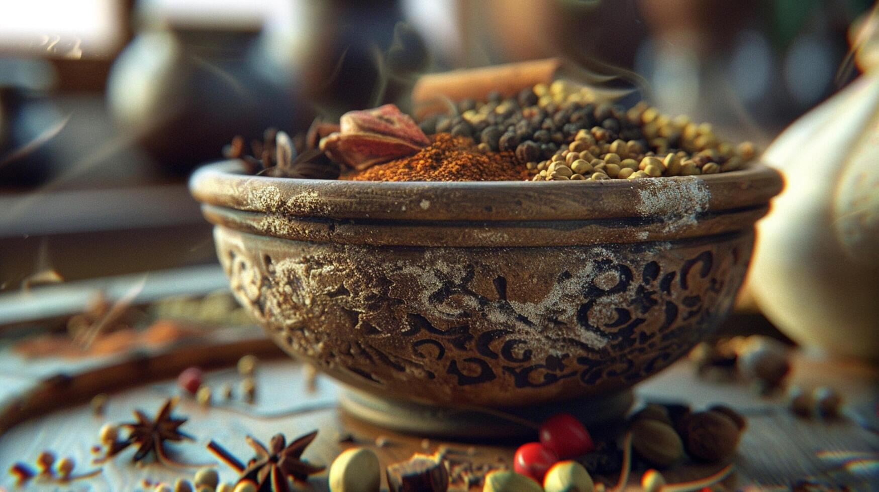 a rustic bowl full of aromatic spices photo