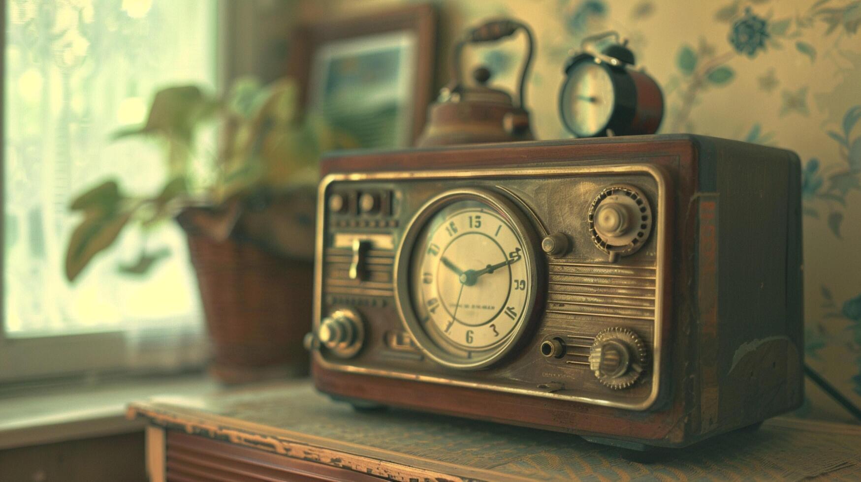 a radio with a clock that says press the button photo