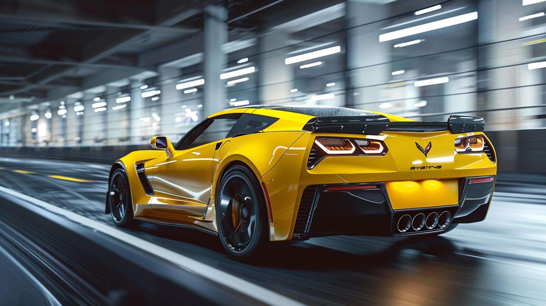 a shiny yellow sports car driving in a race photo