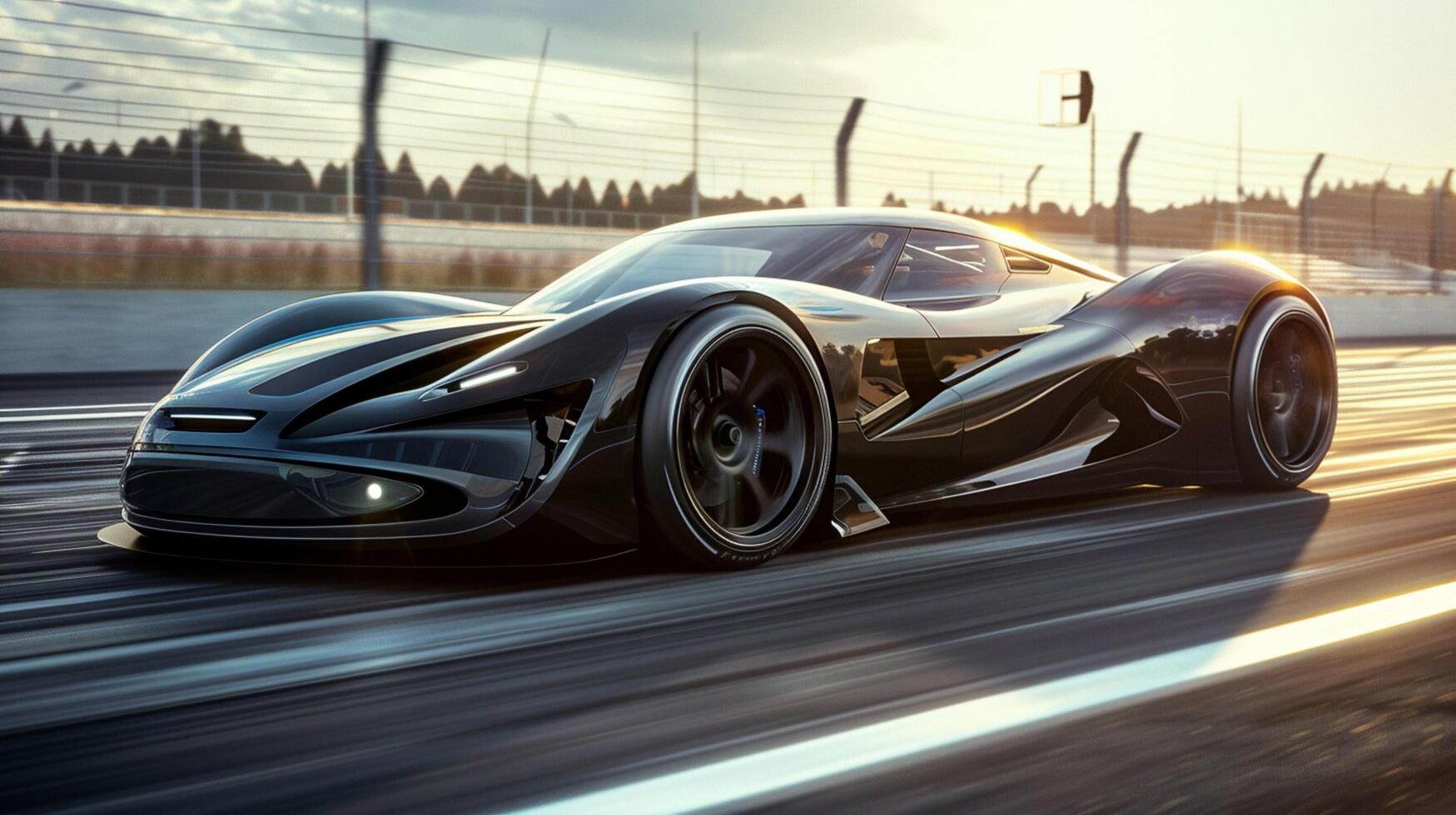 a shiny sports car speeds on the racing track photo