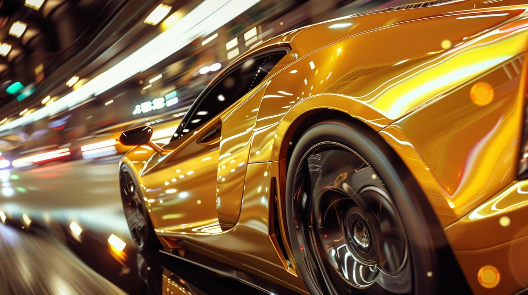 a shiny yellow sports car driving in a race photo