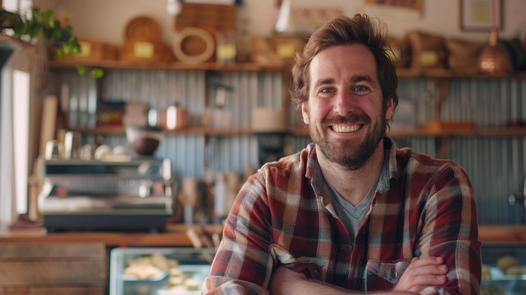 a smiling man owner of a small business sitting photo